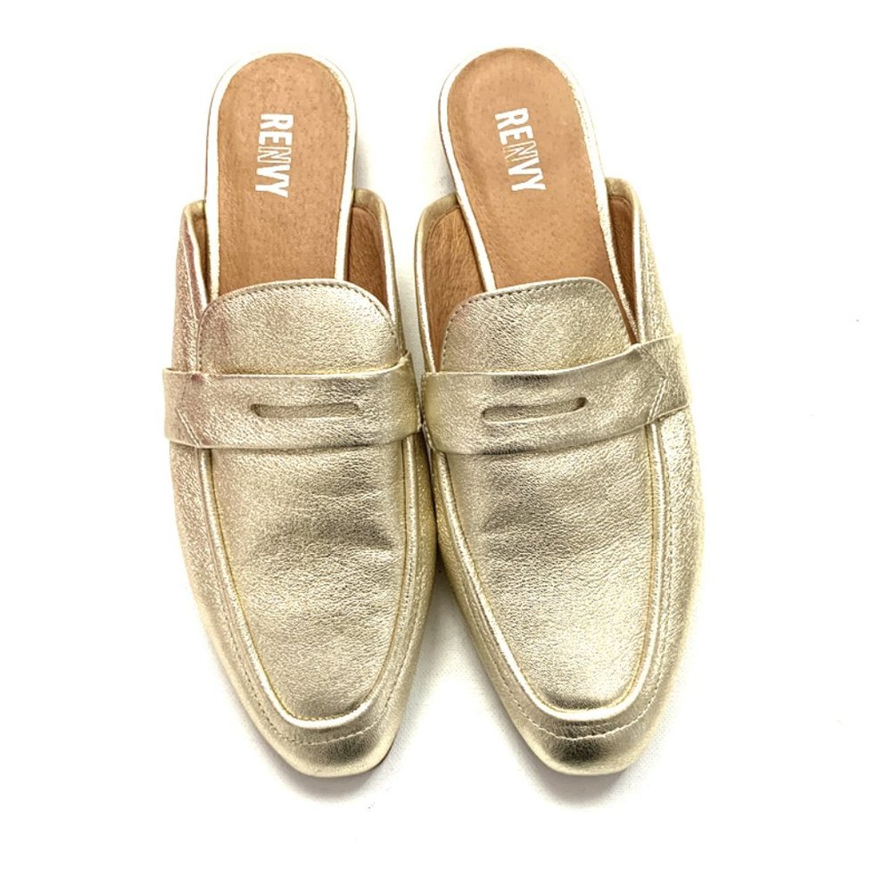 Renvy Gold Metallic Leather Flat Slide On Loafer Mules